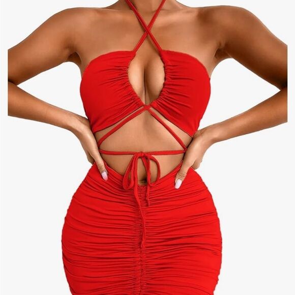 Cutout Mini Dress, Ruched Criss Cross Halter Dresses for Women,Low Back Bodycon - Picture 13 of 16